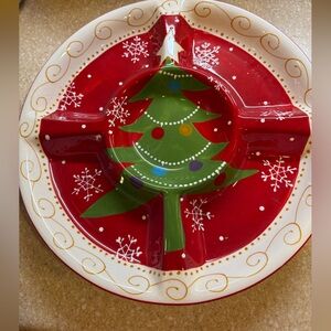 Pier 1 Hand-Painted Christmas Tree Holiday Divided Dish Hand Painted 13.5
